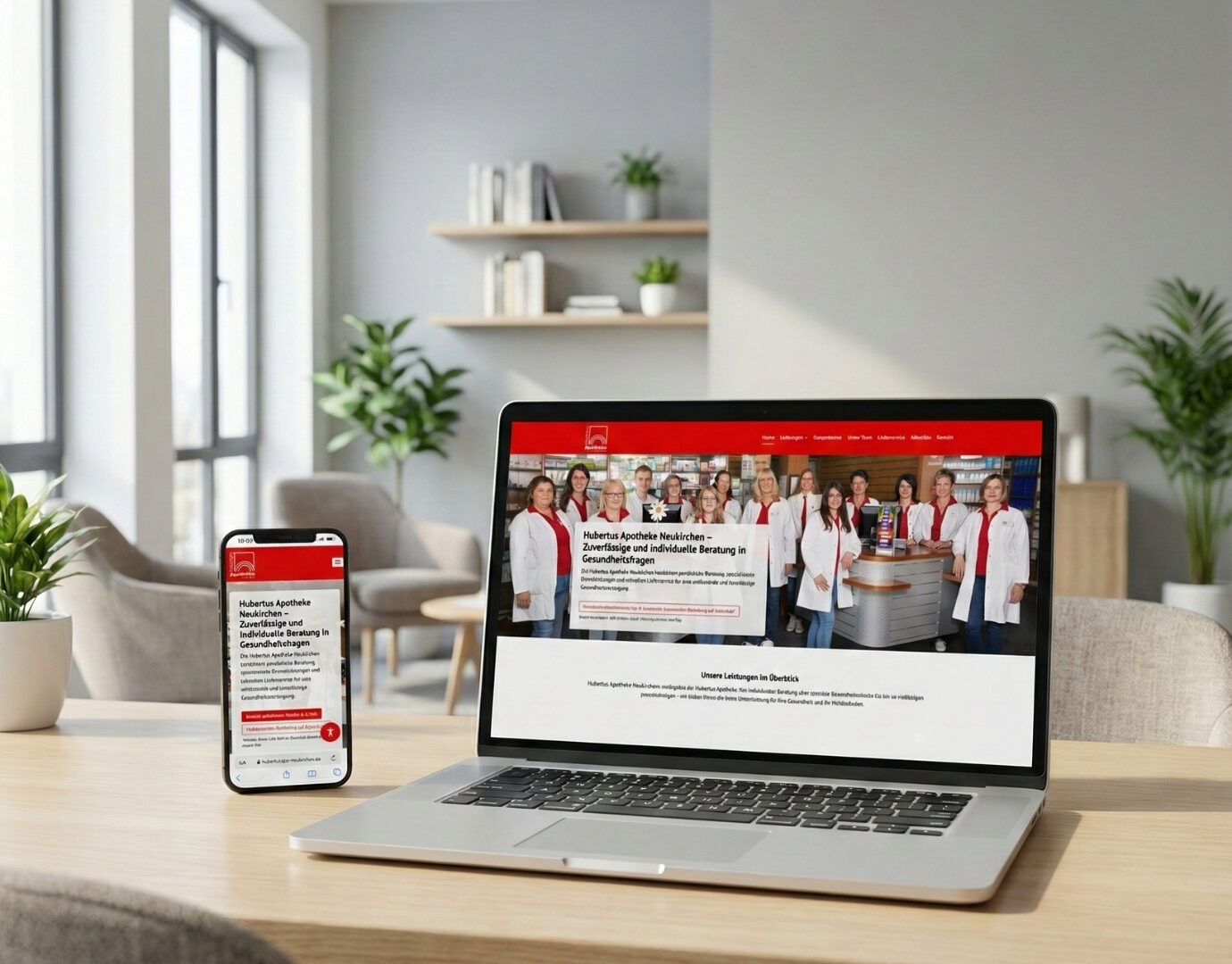 Moderne Businesswebseite einer Apotheke auf Laptop und Smartphone dargestellt, responsives Webdesign mit Teamfoto und Leistungsübersicht auf einem Schreibtisch in heller Büroatmosphäre.