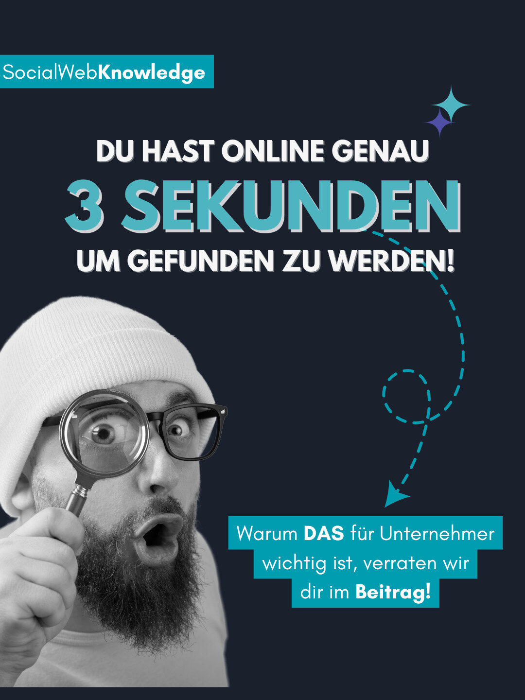 Mann mit Mütze und Brille schaut durch eine Lupe, daneben Textgrafik „Du hast online genau 3 Sekunden, um gefunden zu werden“.