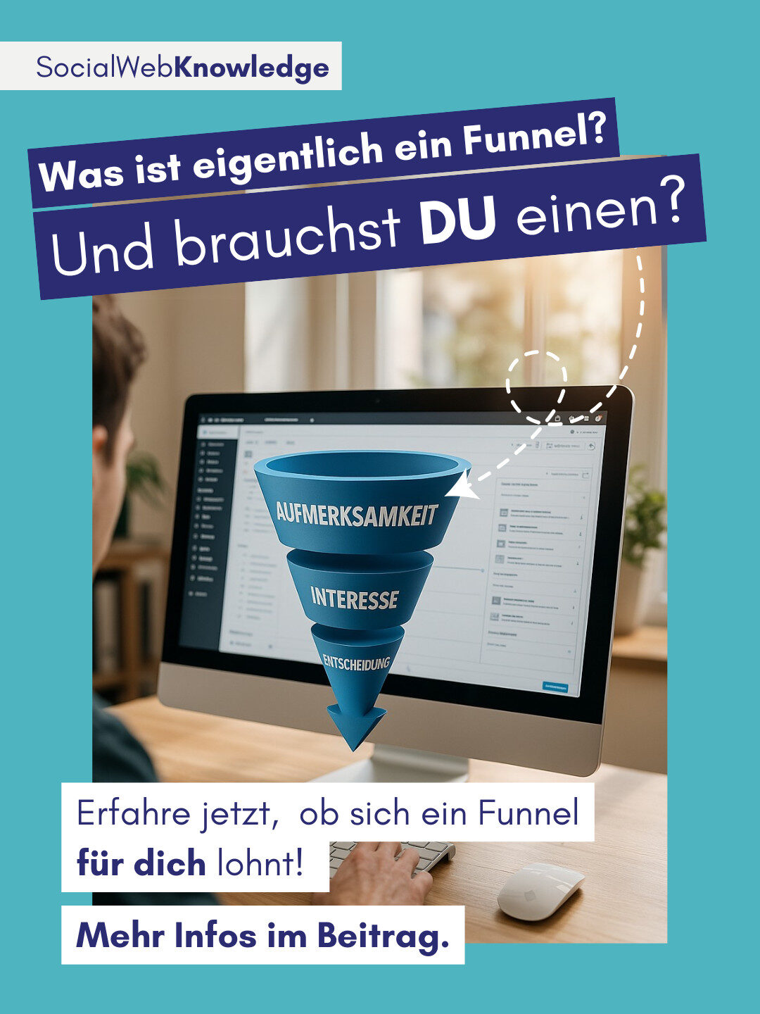 Person sitzt am Schreibtisch vor einem Monitor mit grafisch dargestelltem Marketing-Funnel mit den Stufen Aufmerksamkeit, Interesse und Entscheidung.