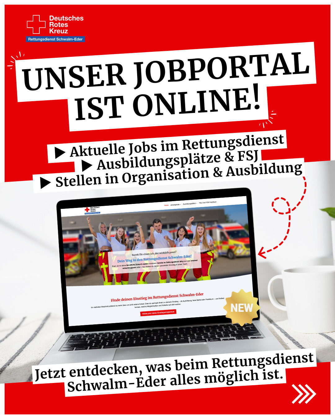 Laptop auf Schreibtisch zeigt das neue Jobportal des Rettungsdienstes Schwalm-Eder mit Informationen zu Stellenangeboten, Ausbildungsplätzen und FSJ.