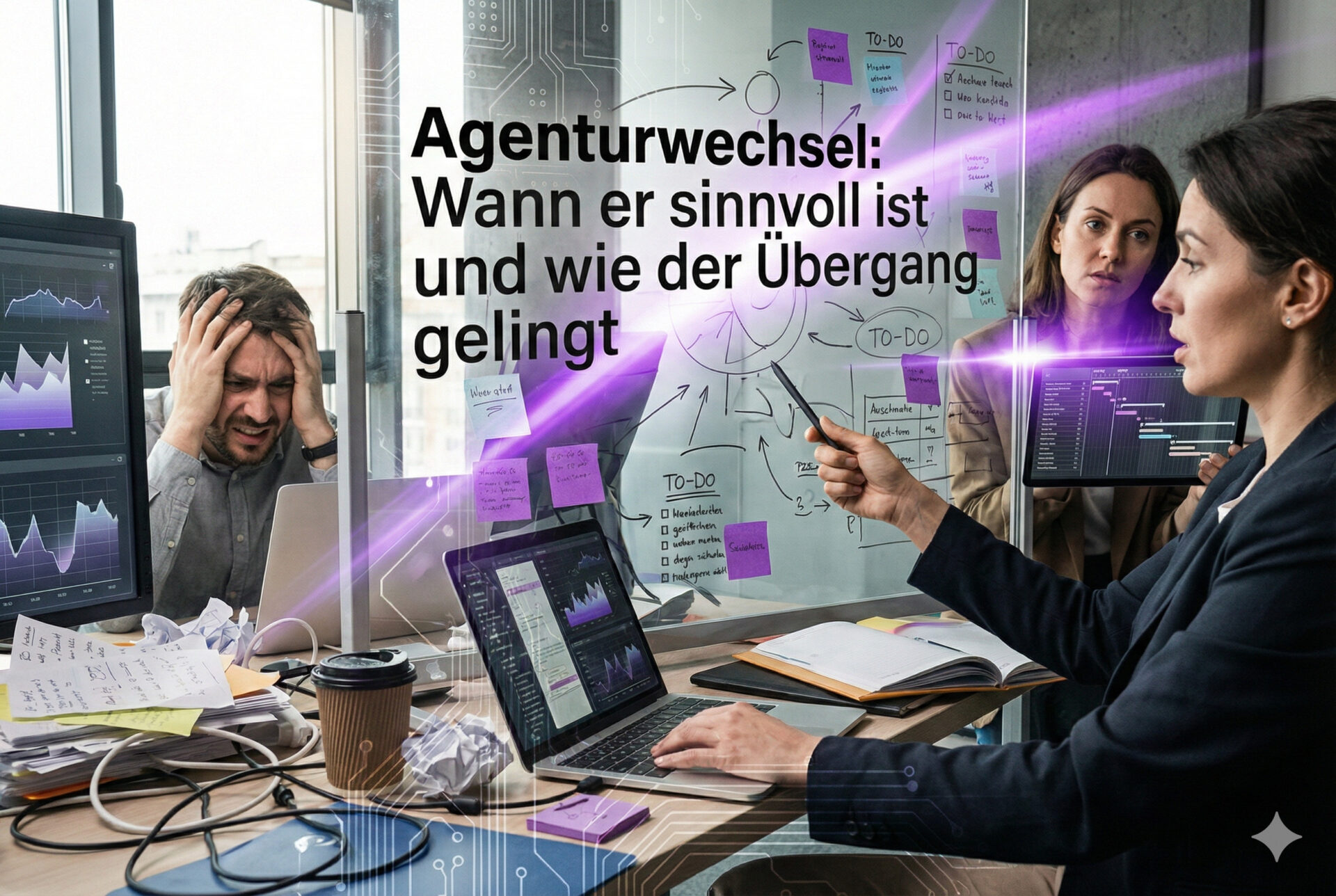 Ein Mann am Schreibtisch wirkt gestresst, während eine Frau an einem Whiteboard etwas erklärt und eine weitere Person zusieht. Der Raum ist unordentlich und mit violetten digitalen Grafiken überlagert. Der Text im Bild lautet: "Agenturwechsel: Wann er sinnvoll ist und wie der Übergang gelingt".