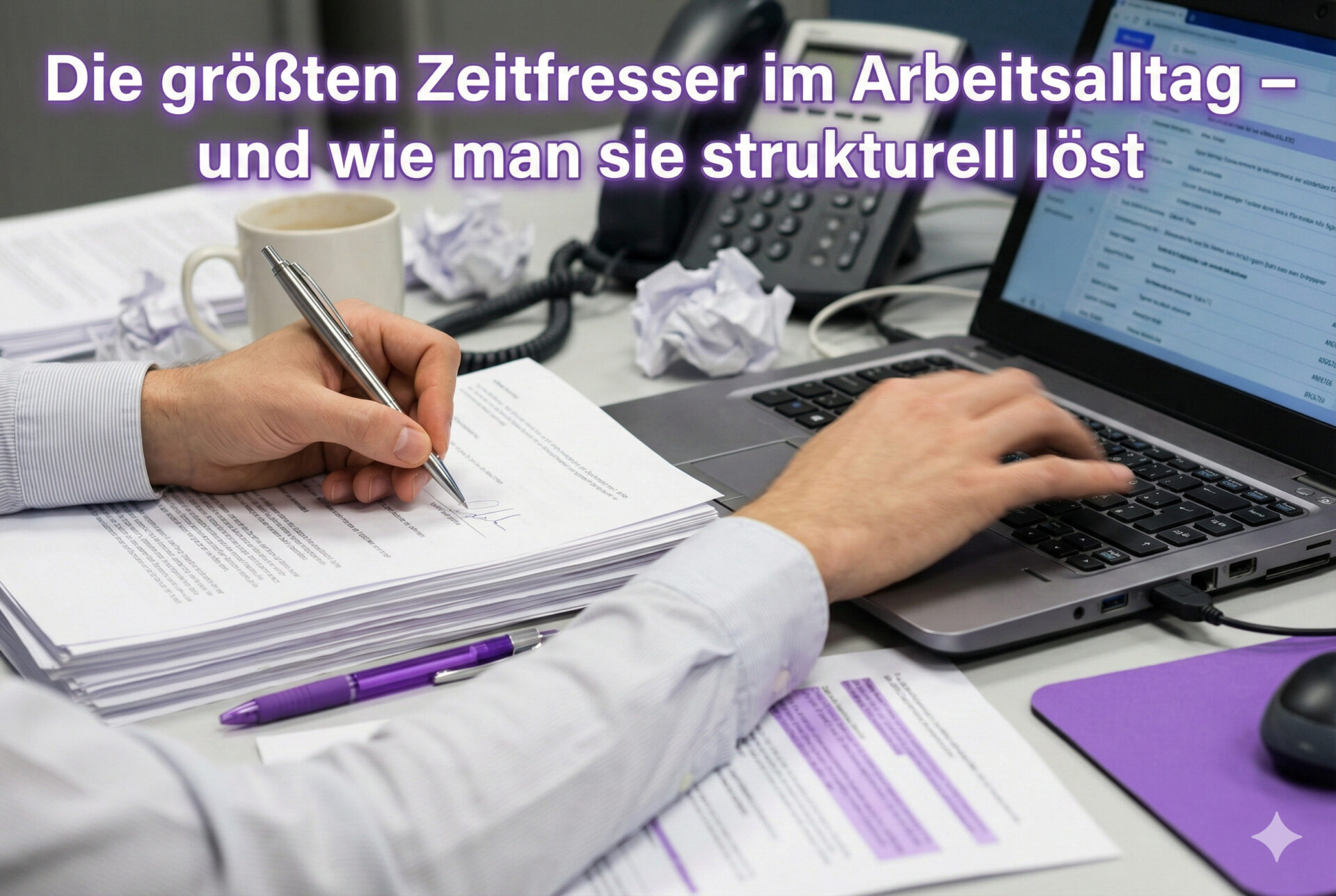 Nahaufnahme von Händen an einem unaufgeräumten Schreibtisch, die gleichzeitig Dokumente unterzeichnen und auf einem Laptop tippen, umgeben von verknülltem Papier. Violette Akzente und der Titel "Die größten Zeitfresser im Arbeitsalltag – und wie man sie strukturell löst" sind im Bild integriert.