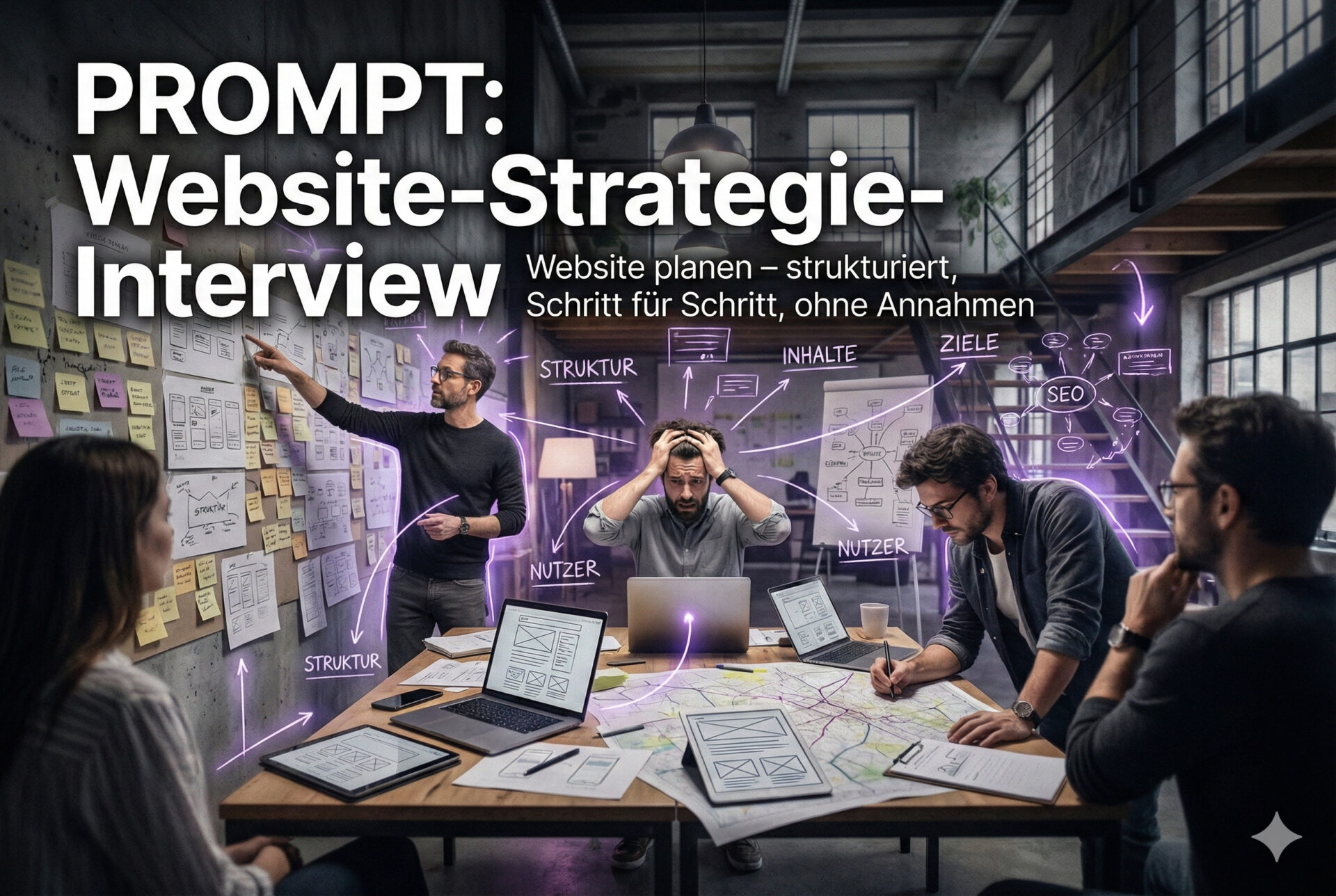 Editorial Keyvisual für das 'PROMPT: Website-Strategie-Interview' von Diebel Media. Das Bild zeigt ein fünfköpfiges Team in einem dynamischen Workshop-Setting in einem Loft, umgeben von Skizzen, Laptops und Post-its. Leuchtende violette Grafiken und Pfeile visualisieren strategische Verbindungen zu Begriffen wie Struktur, Inhalte, Ziele, Nutzer und SEO, während ein Mann in der Mitte überwältigt wirkt und ein anderer auf eine Wand voller Notizen zeigt. Der Untertitel lautet: 'Website planen – strukturiert, Schritt für Schritt, ohne Annahmen