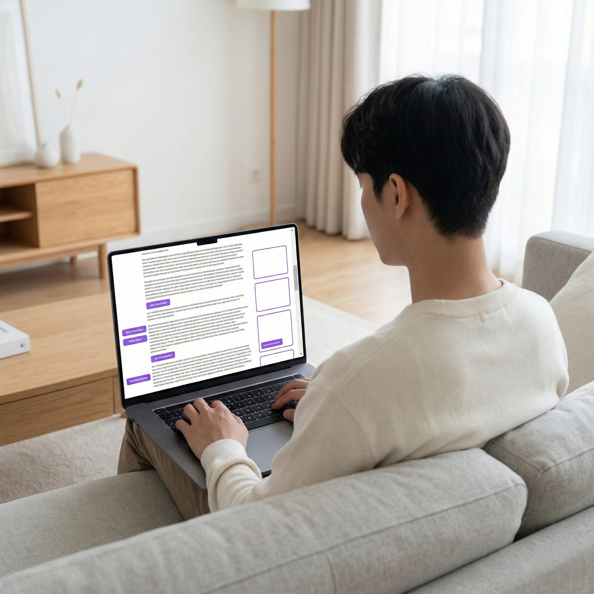 Person sitzt auf einem Sofa und nutzt einen Laptop, um eine ausführliche Stellenanzeige auf einer Website zu lesen, mit langen Textabschnitten und mehreren hervorgehobenen Schaltflächen in einer ruhigen Wohnumgebung.