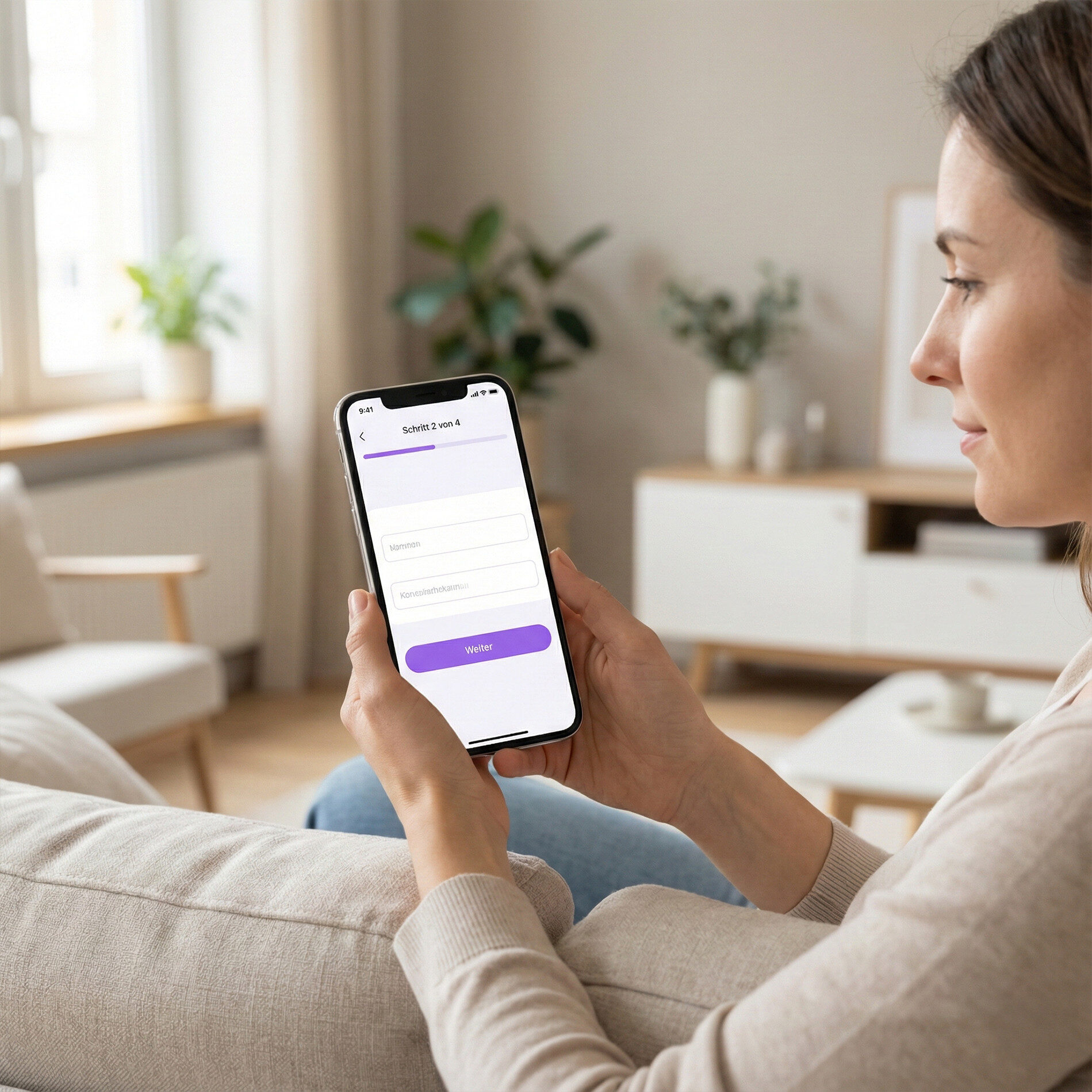 Frau sitzt auf einem Sofa und füllt auf ihrem Smartphone ein mehrstufiges Online-Bewerbungsformular aus, sichtbar ist ein Formularschritt mit Eingabefeldern und Fortschrittsanzeige in einer hellen Wohnumgebung.