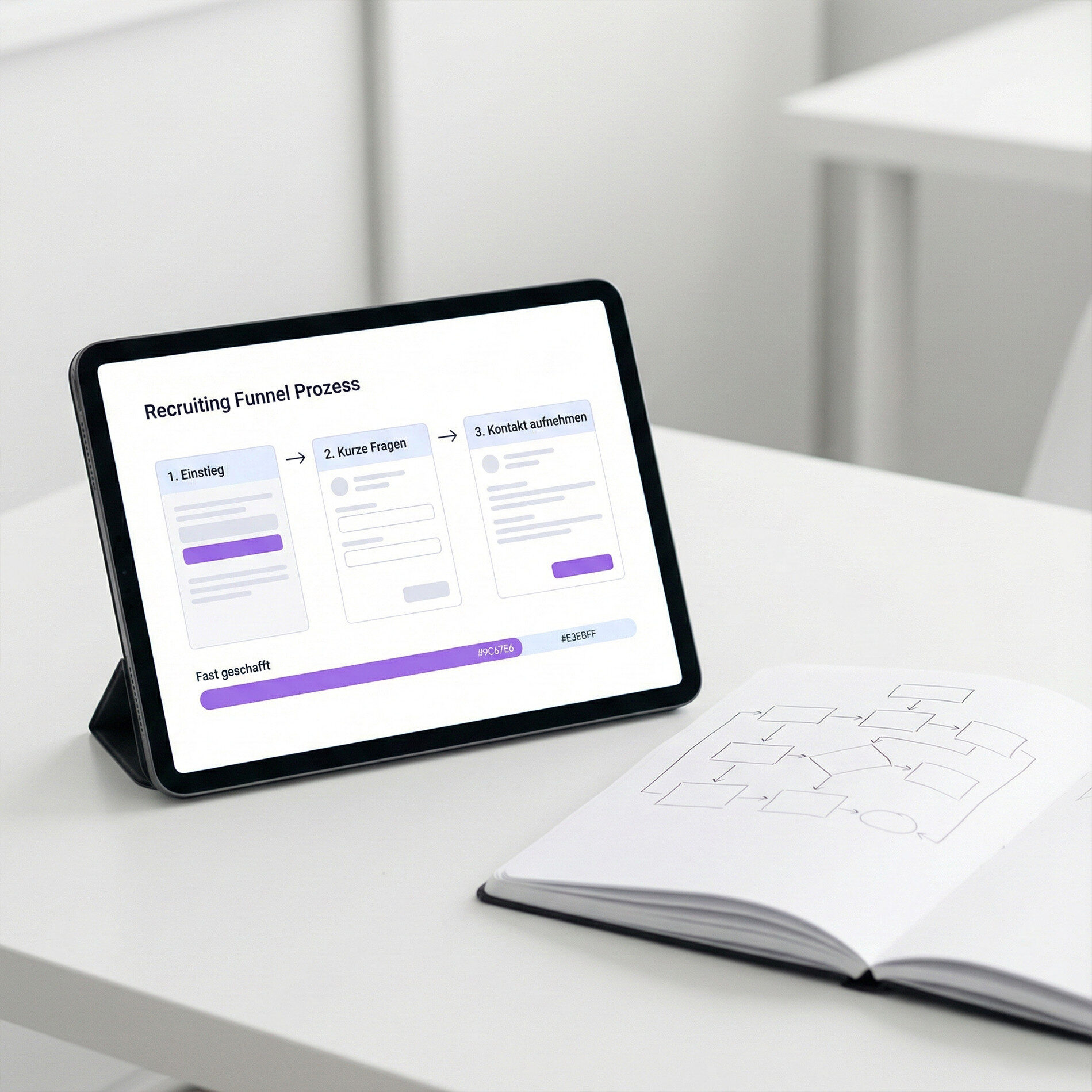 Tablet zeigt eine schematische Darstellung eines Recruiting-Funnel-Prozesses mit drei Schritten vom Einstieg bis zur Kontaktaufnahme, daneben liegt ein Notizbuch mit skizzierter Prozessgrafik auf einem hellen Schreibtisch.