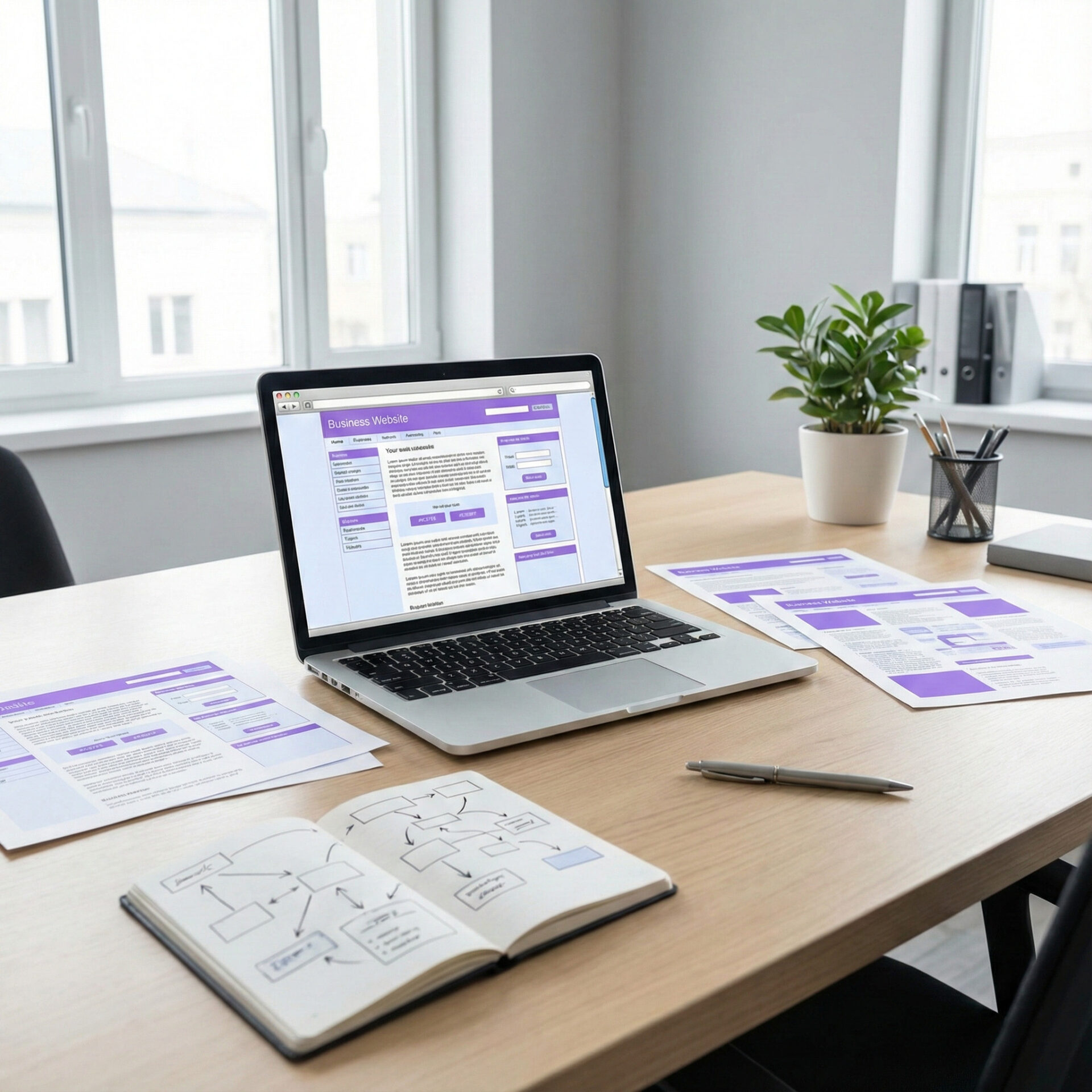 Business-Websites für KMU: Schreibtisch mit Laptop, Notizbuch und ausgedruckten Seiten; auf dem Bildschirm ist ein Website mit einem veralteten Layout zu sehen.