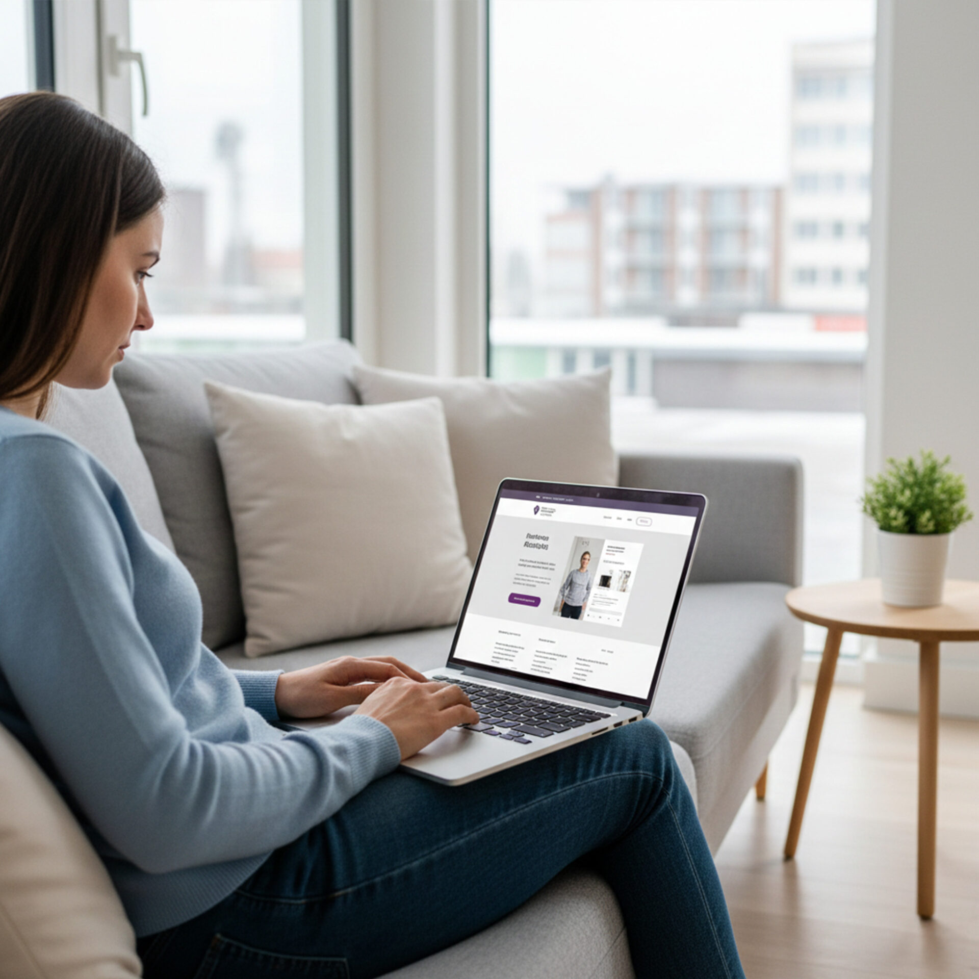 Business-Websites für KMU: Ein Frau sitzt gemütlich auf einer Couch und surft auf einer modern wirkenden Website.