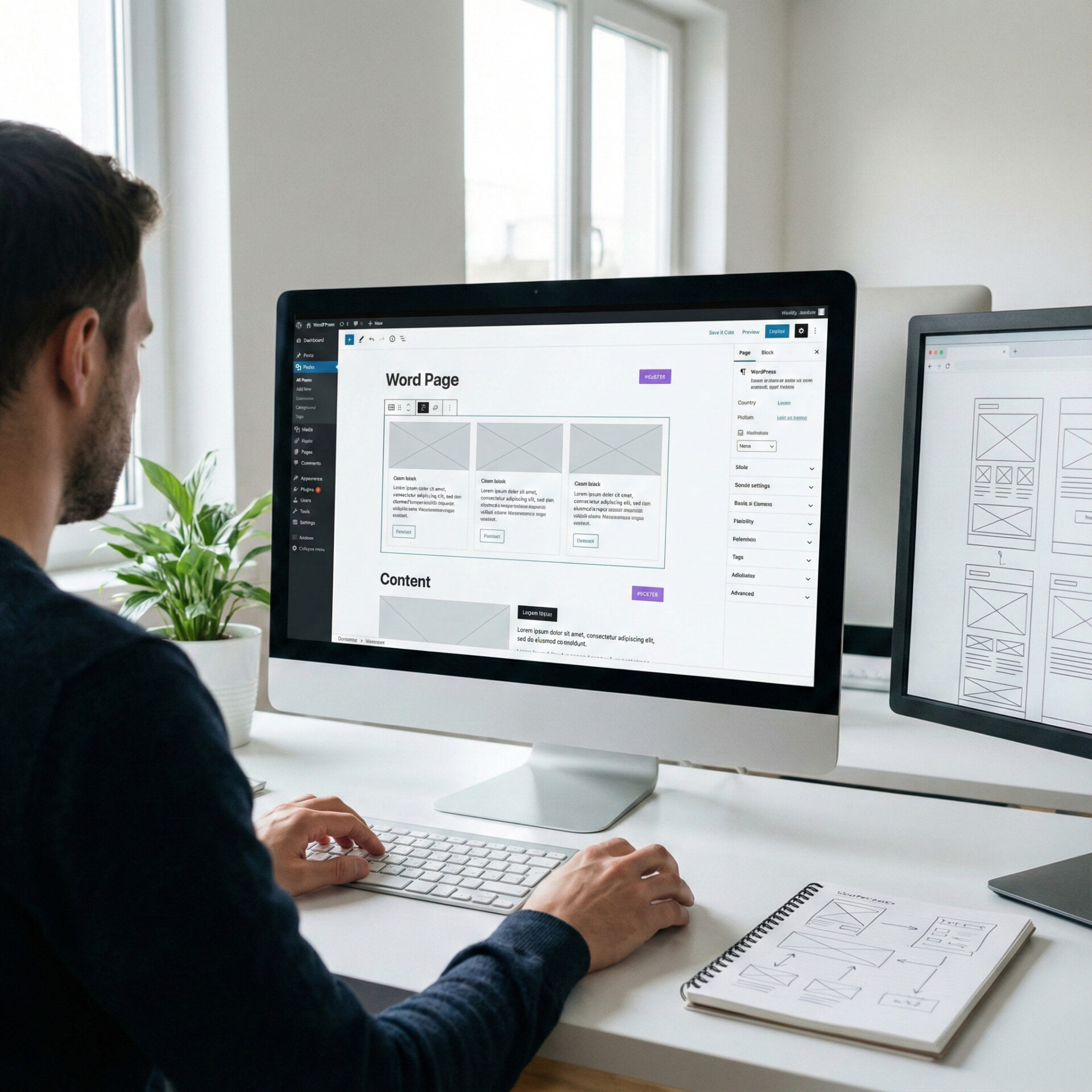 Business-Websites für KMU: Person arbeitet an einem Schreibtisch an einer Website-Struktur auf einem großen Bildschirm.