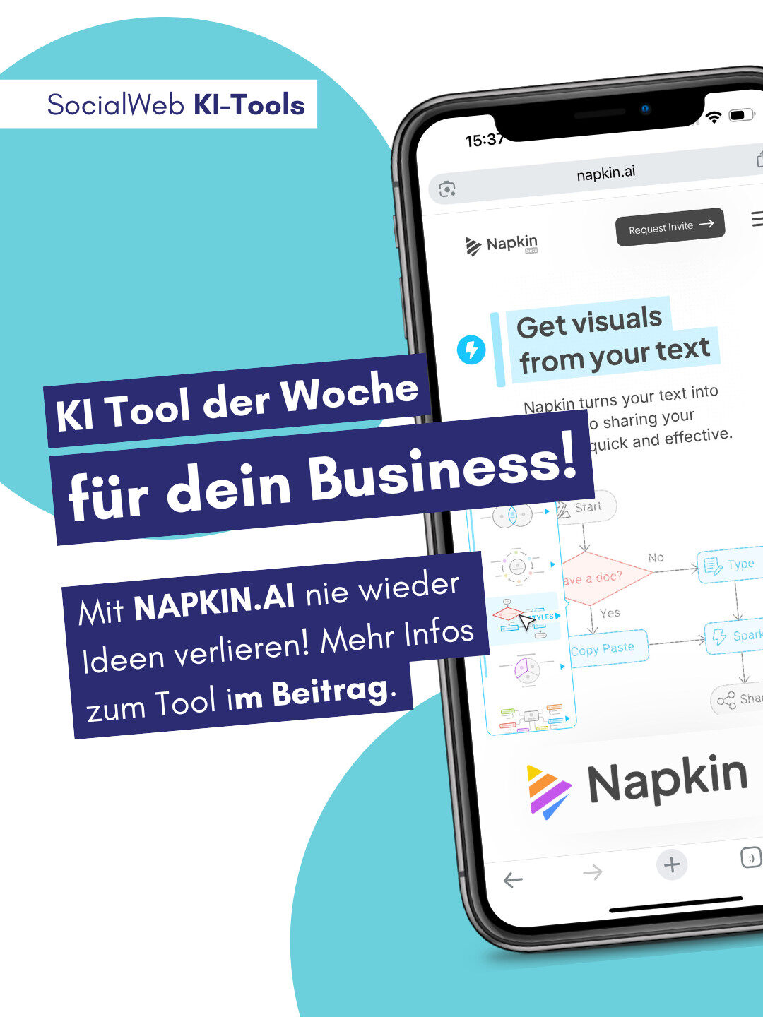 Smartphone zeigt die Website von napkin.ai mit Diagrammen zur Visualisierung von Textinhalten, umgeben von grafischen Textelementen.