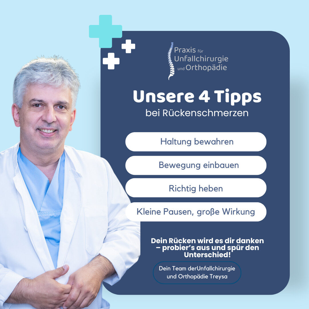 Arzt in weißem Kittel vor blauem Hintergrund, daneben eine Infografik mit vier Tipps bei Rückenschmerzen: Haltung bewahren, Bewegung einbauen, richtig heben und regelmäßige Pausen machen.