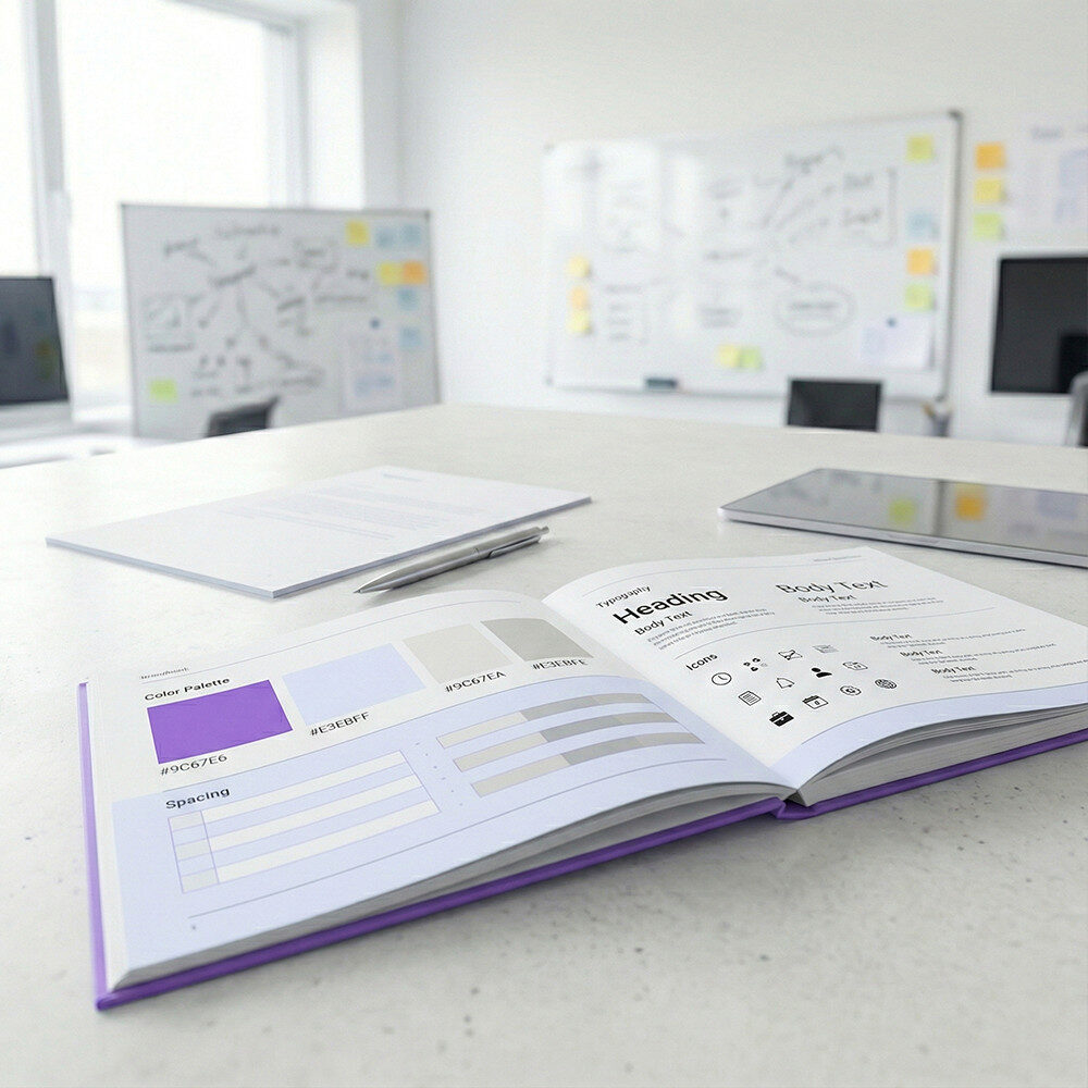 Aufgeschlagenes Brandbook auf einem Tisch mit Seiten zu Farben, Typografie und Gestaltungselementen.