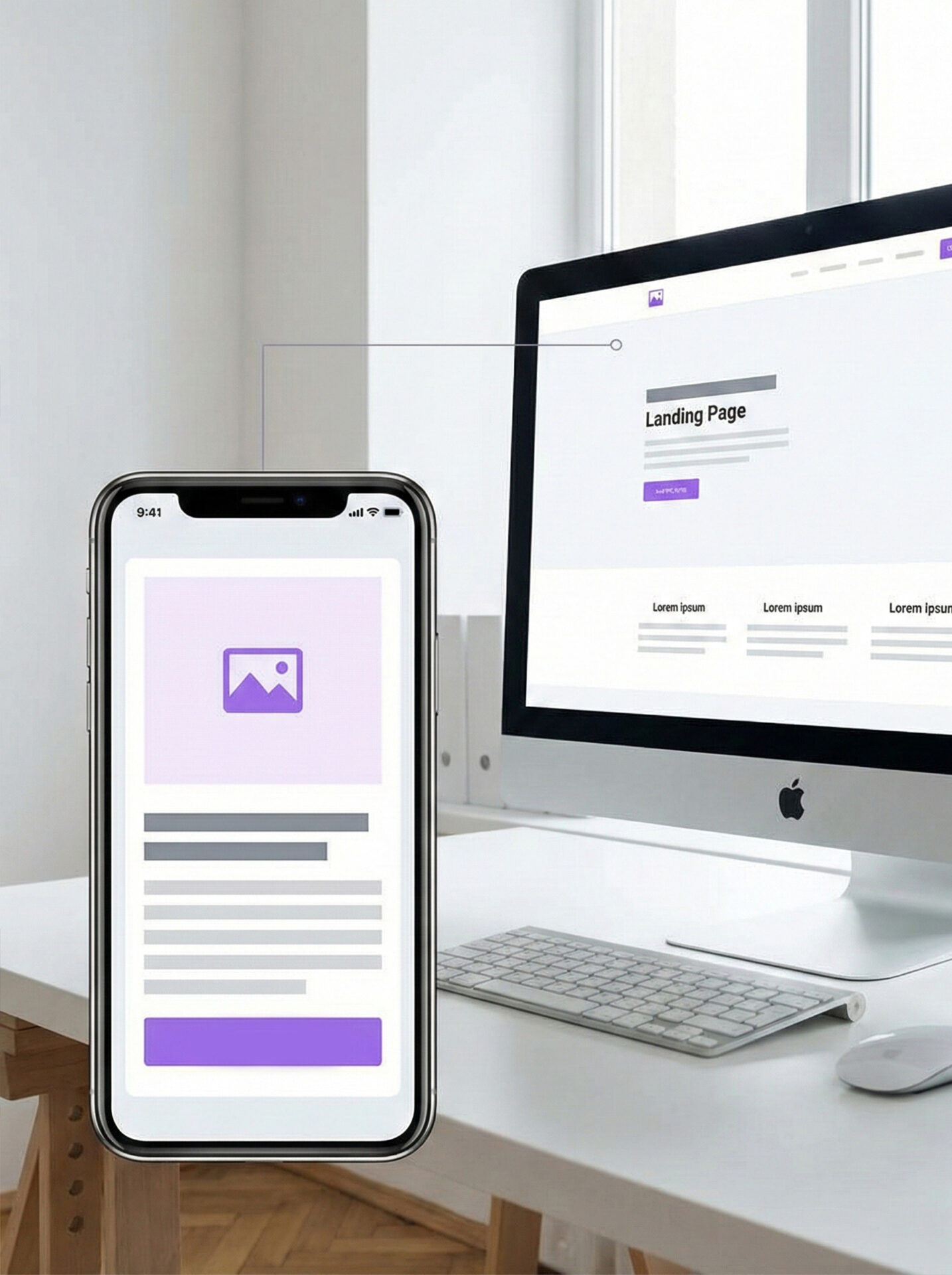 Facebook & Instagram-Werbung: Smartphone und Desktop-Monitor zeigen eine Landingpage in einem hellen Büro, dargestellt in mobiler und Desktop-Ansicht.