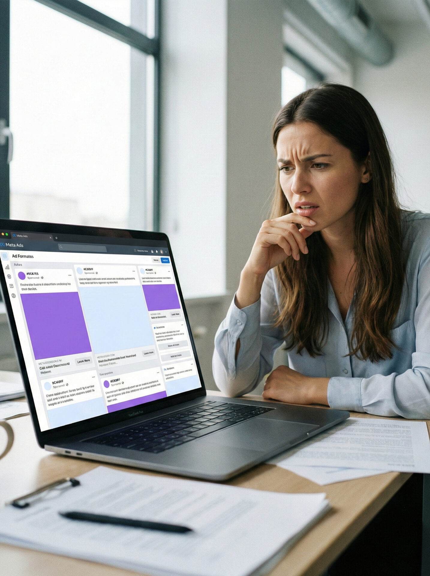 Facebook & Instagram-Werbung: Frau sitzt nachdenklich an einem Schreibtisch und blickt auf einen Laptop mit einer Übersicht zu Social-Media-Anzeigen und Kampagnenleistung.