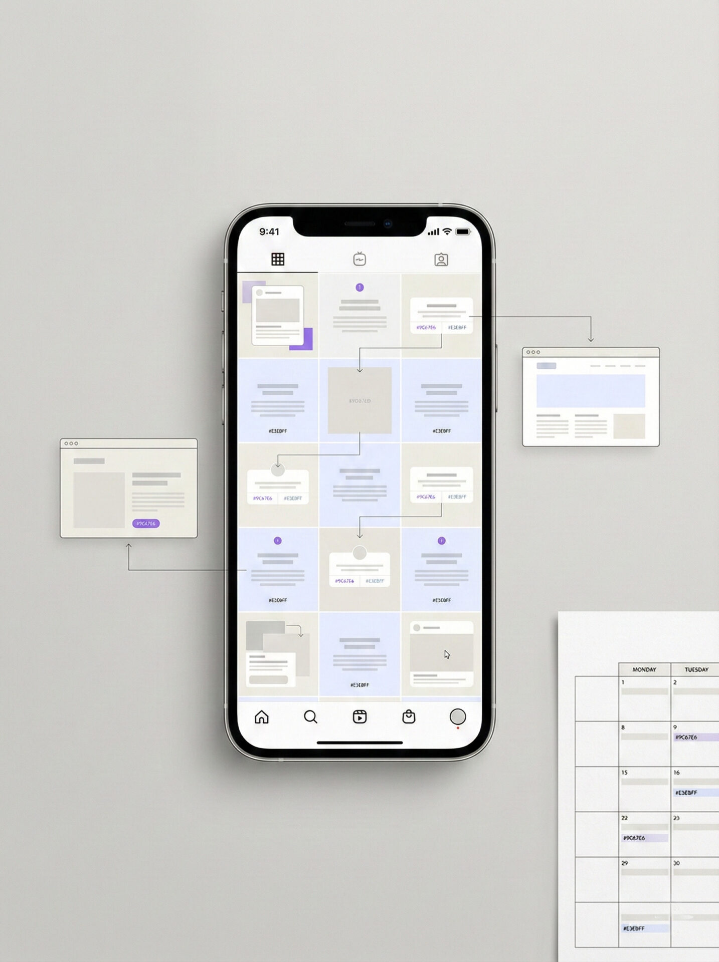 Social-Media-Betreuung: Smartphone mit übersichtlichem Social-Media-Grid, verbunden mit Content-Modulen und einem Redaktionskalender; Darstellung einer strukturierten Content- und Veröffentlichungsplanung.