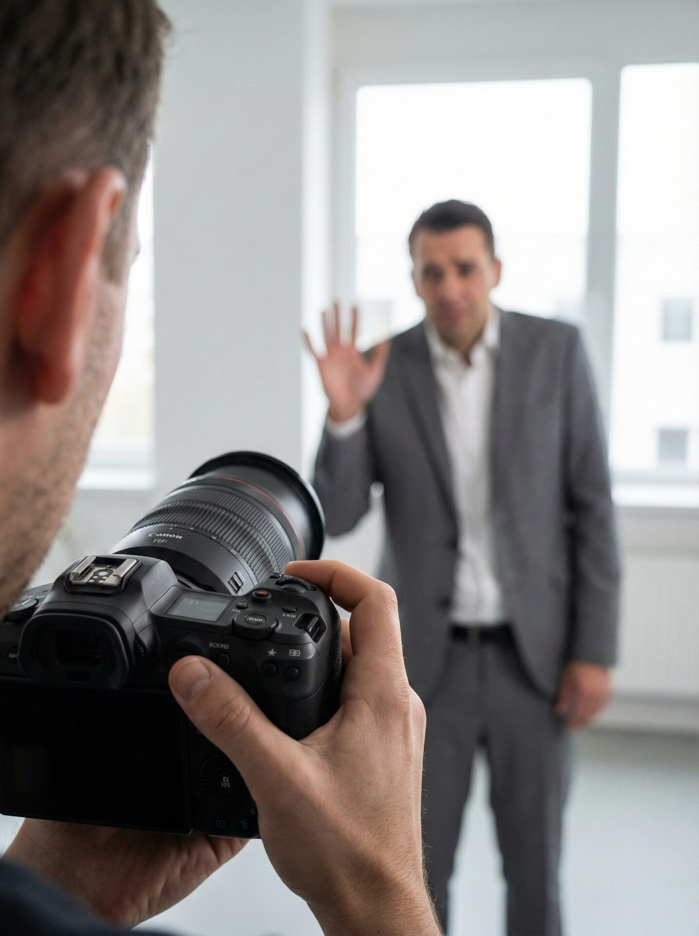 Businessfotografie für Unternehmen: Fotografierte Szene aus der Perspektive hinter einer Kamera: Die Kamera im Vordergrund ist scharf fokussiert, im Hintergrund steht eine Person im Anzug unscharf und hebt zögerlich die Hand, was Unsicherheit und Distanz vor der Kamera symbolisiert.