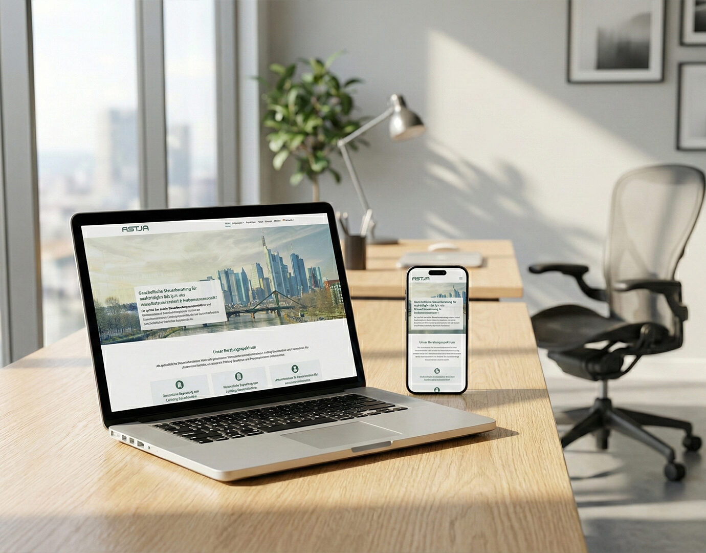 Responsive Businesswebseite einer Steuerberatung auf Laptop und Smartphone dargestellt, mit Startseite und Leistungsübersicht, platziert auf einem Schreibtisch in einem modernen, hellen Büro mit Fensterfront.