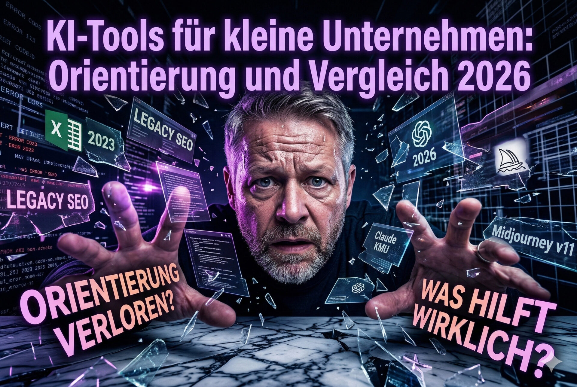 Ein Mann mittleren Alters blickt mit einem überforderten, fragenden Gesichtsausdruck direkt in die Kamera. Um ihn herum zerspringen Glasfragmente, auf denen Begriffe wie „Legacy SEO“, „Excel 2023“ und verschiedene KI-Logos wie „ChatGPT 2026“, „Claude KMU“ und „Midjourney v11“ zu sehen sind. Im Vordergrund stehen die Fragen „Orientierung verloren?“ und „Was hilft wirklich?“. Das Bild illustriert visuell die Komplexität und den Informationsüberfluss im Bereich der KI-Tools für kleine Unternehmen im Jahr 2026.