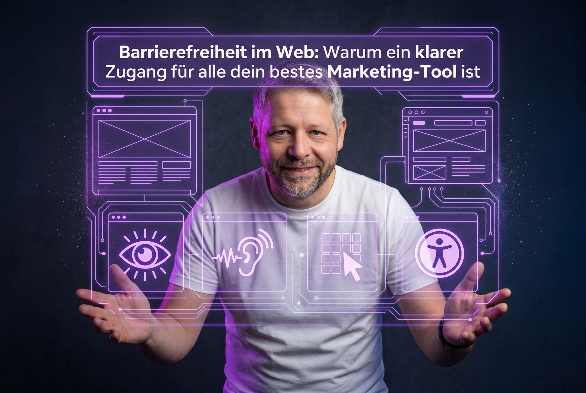 Martin Diebel, Gründer von Diebel Media, blickt den Betrachter an und hält die Hände vor einem schwebenden, leuchtend violetten Hologramm offen. Oben im Hologramm steht der Titel: 'Barrierefreiheit im Web: Warum ein klarer Zugang für alle dein bestes Marketing-Tool ist'. Darunter sind vier stilisierte Icons und Schaltungs-Layouts zu sehen: Ein Auge (für visuelle Barrierefreiheit), ein Ohr mit Schallwellen (für auditive Barrierefreiheit), eine Tastatur mit Mauszeiger (für technische Zugänglichkeit) und ein stilisierter Mensch im Kreis (das allgemeine Symbol für Barrierefreiheit). Der dunkelblaue Hintergrund ist unscharf, das Violett der Grafik bildet einen starken Kontrast.