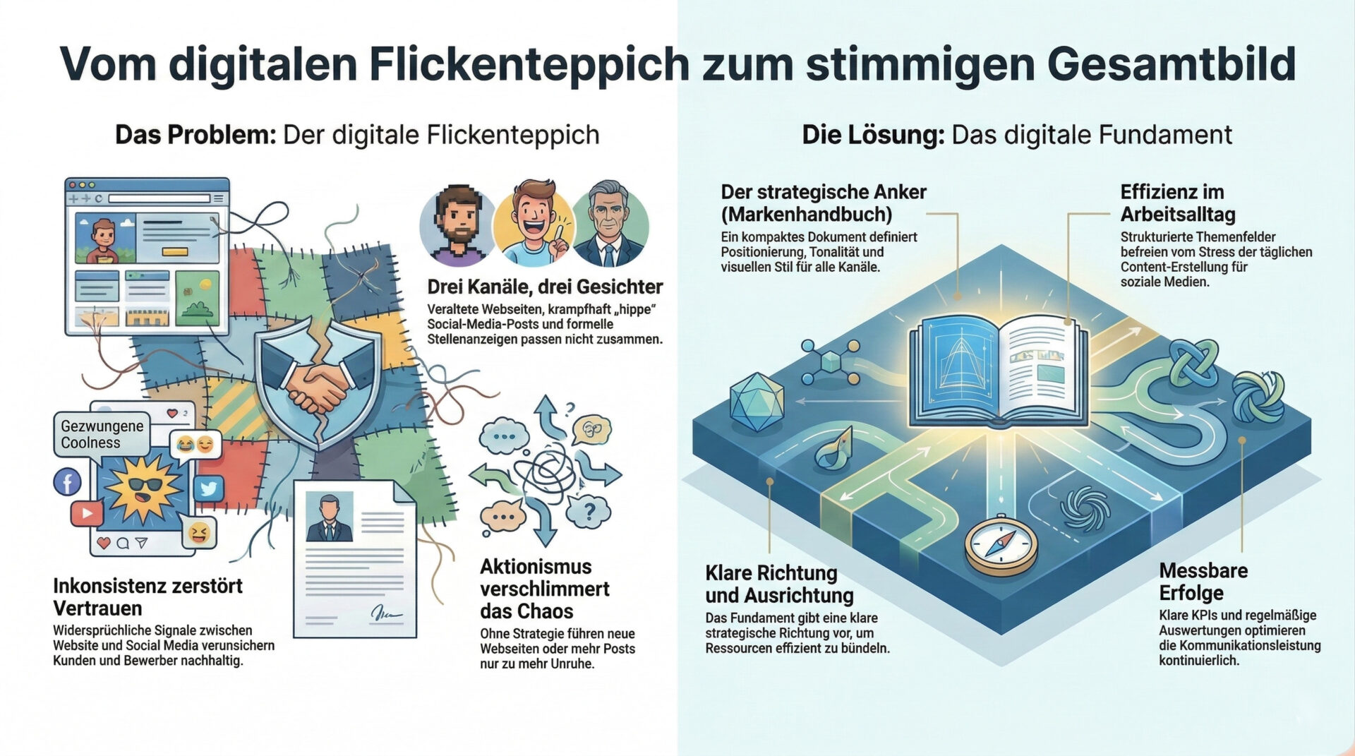 Eine detaillierte Infografik mit dem Titel "Vom digitalen Flickenteppich zum stimmigen Gesamtbild". Die Grafik ist in zwei Hauptspalten unterteilt. Die linke Spalte, "Das Problem: Der digitale Flickenteppich", zeigt eine chaotische Anordnung unzusammenhängender Elemente, darunter ein zerrissener Quilt, unpassende Avatare, ein gebrochener Schild mit Händedruck und ein verworrenes Chaos aus Pfeilen und Symbolen. Die Texte beschreiben Probleme wie inkonsistente Signale, die Vertrauen zerstören, und unkoordinierten Aktionismus, der das Chaos verschlimmert. Die rechte Spalte, "Die Lösung: Das digitale Fundament", zeigt eine saubere, geordnete isometrische 3D-Plattform. Ein offenes Buch als "strategischer Anker" (Markenhandbuch) ist mit verschiedenen Symbolen verbunden, wie einem Kompass für klare Richtung und Ausrichtung, einem Diagramm für messbare Erfolge und einem Knotenpunkt für Effizienz im Arbeitsalltag.