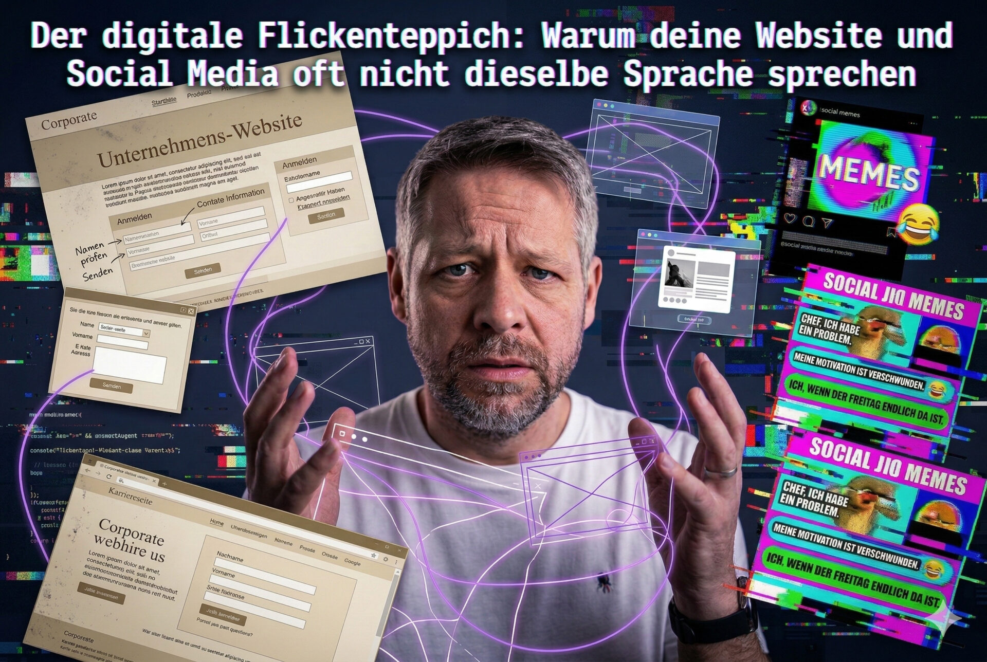 Ein komplexes, digitales Collagenbild, das einen überwältigten älteren Mann mit grauem Bart im Zentrum zeigt, der besorgt die Hände hebt. Die Überschrift lautet: „Der digitale Flickenteppich: Warum deine Website und Social Media oft nicht dieselbe Sprache sprechen“. Der Mann ist umgeben von chaotisch schwebenden Benutzeroberflächen. Links sind veraltete und komplexe Corporate-Website-Designs mit Formularen und Textfeldern zu sehen. Rechts sind grelle, neonfarbene Social-Media-Meme-Fenster und -Beiträge mit humorvollen Sprüchen über Arbeitsmotivation und einem lachenden Emoji. Leuchtende violette Linien und ein digitaler Glitch-Hintergrund mit Code visualisieren die Verwirrung und Inkonsistenz der verschiedenen digitalen Kommunikationskanäle.
