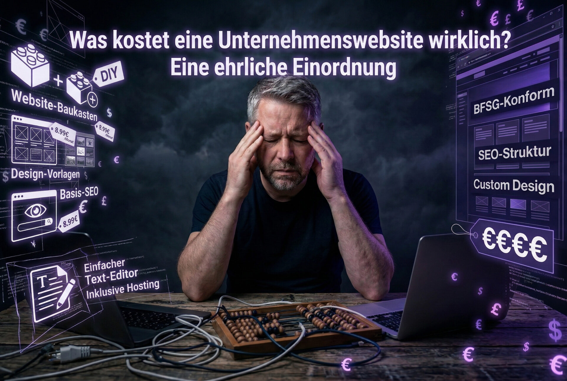 Ein Bild eines gestressten Mannes mit grauem Haar, der sich verzweifelt die Schläfen hält. Er sitzt an einem Tisch mit einem antiken Abakus und Laptops, umgeben von einem chaotischen Kabelsalat und schwebenden violetten Währungssymbolen (€, $, £). Über ihm schwebt der zentrale Titel: 'Was kostet eine Unternehmenswebsite wirklich? Eine ehrliche Einordnung'. Der Hintergrund besteht aus zwei gegensätzlichen, schwebenden digitalen Anzeigen: Links werden Optionen für Website-Baukästen mit Texten wie 'DIY', '8.99€/Monat' und 'Design-Vorlagen' gezeigt. Rechts werden professionelle, konforme Dienstleistungen wie 'BFSG-Konform', 'SEO-Struktur' und ein großer Preis-Tag mit '€€€€' dargestellt. Die Szene ist dunkel und von intensivem violetten Neon-Leuchten durchzogen.
