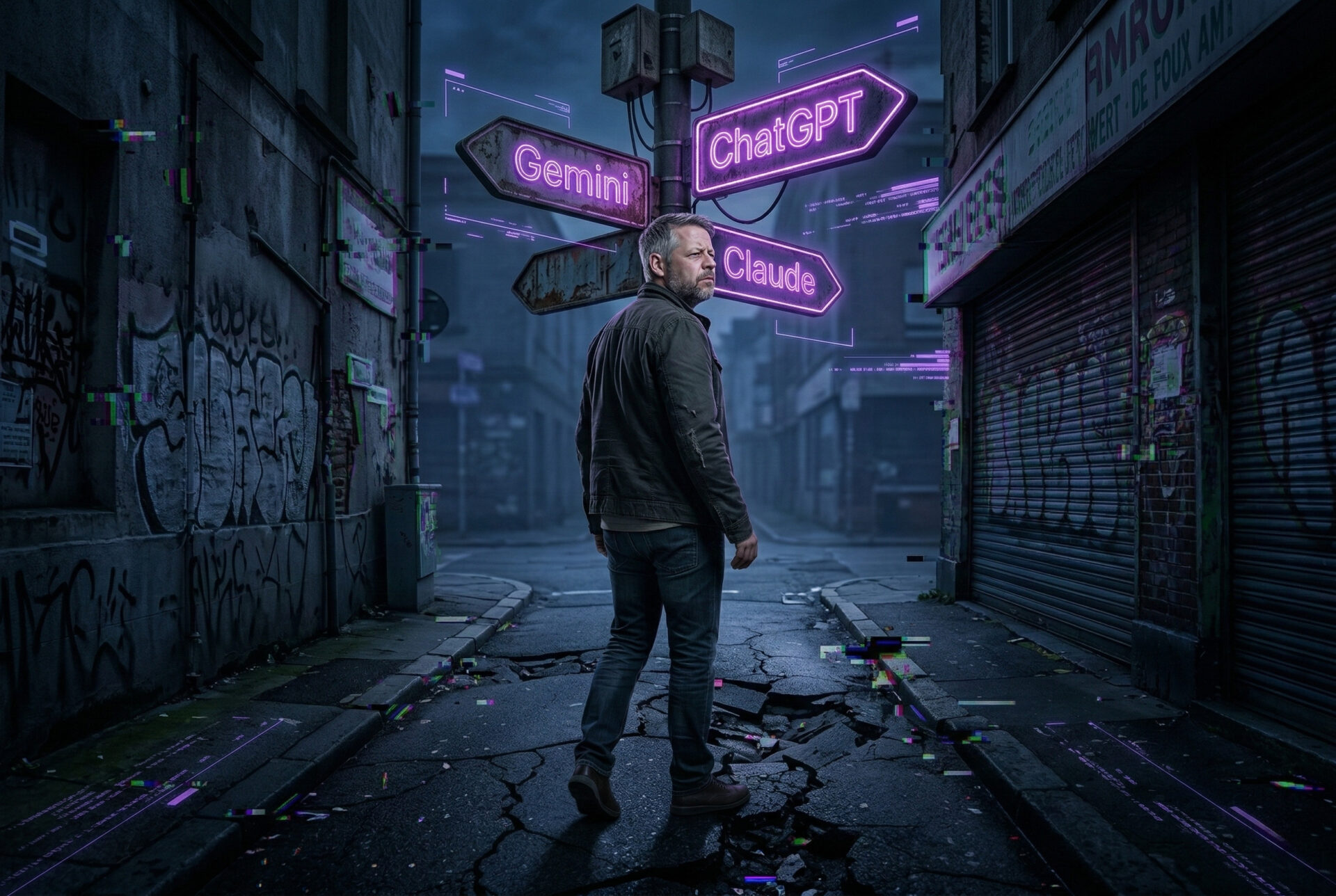 Ein Mann in einer dunklen, mit Graffitis übersäten europäischen Gasse blickt zurück auf einen Schilderpfosten mit leuchtenden Neonpfeilen. Die prominenten rosa Neonschilder sind mit „ChatGPT“ (zeigt nach rechts), „Gemini“ (zeigt nach links) und „Claude“ (zeigt nach unten) beschriftet und stellen eine Auswahl von Modellen für künstliche Intelligenz dar.