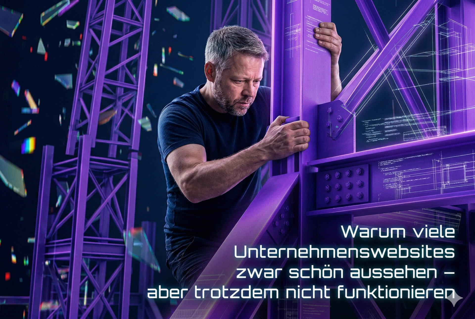 Ein Mann in dunkler Arbeitskleidung arbeitet konzentriert an einer violetten Stahlkonstruktion, die das strategische Markengerüst symbolisiert. Um ihn herum schweben gläserne Fragmente einer zerbrechenden Website. Unten rechts steht der Titel des Blogartikels zur fehlenden Struktur von Webseiten.