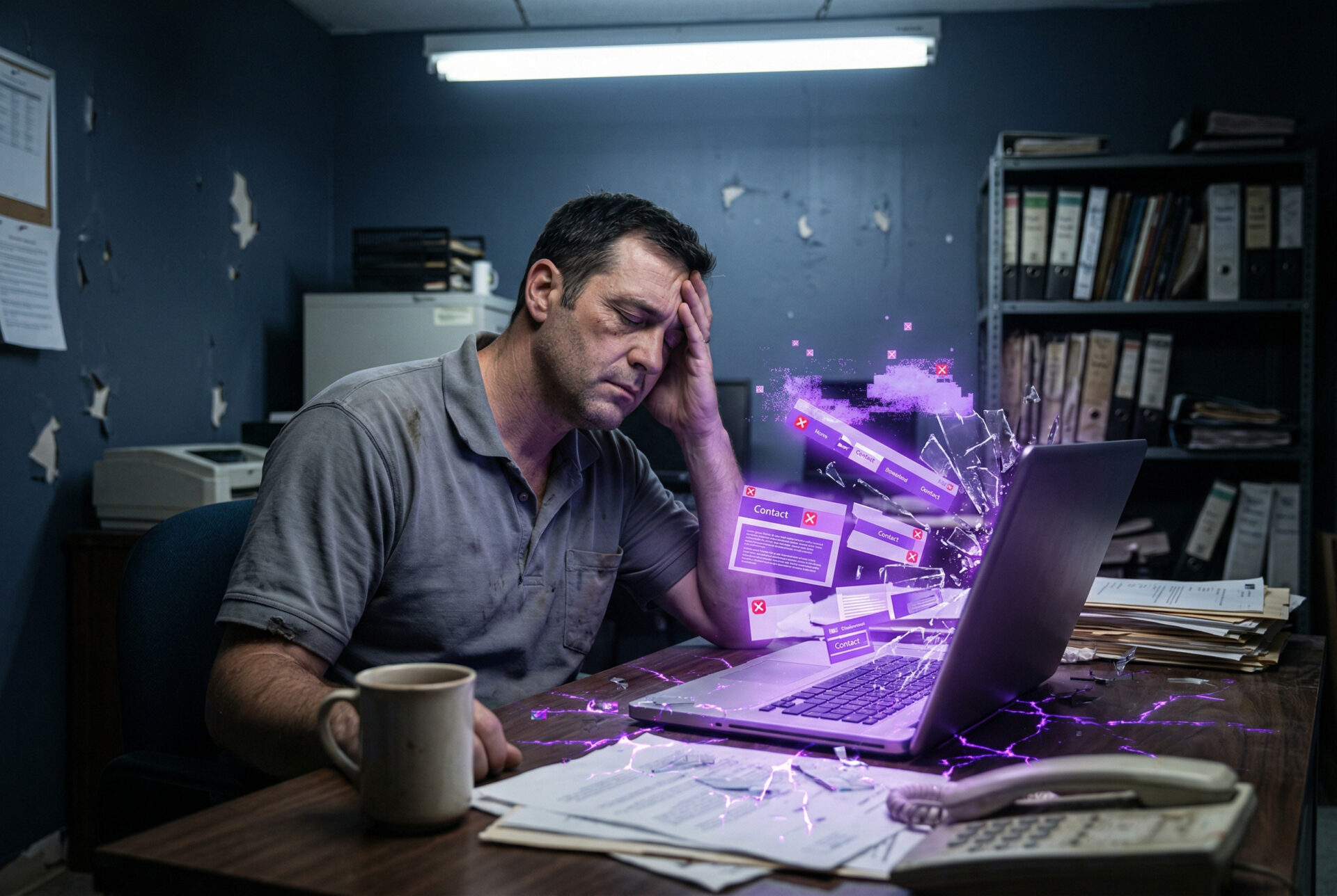 Ein frustrierter Unternehmer sitzt im dunklen Büro vor einem Laptop, dessen Website in digitale Fragmente zerfällt. Zerbrochene Navigationsleisten, Kontaktformulare und Stockfotos schweben als Glitch-Effekte durch den Raum. Symbolbild für eine Website, die keine Anfragen bringt.