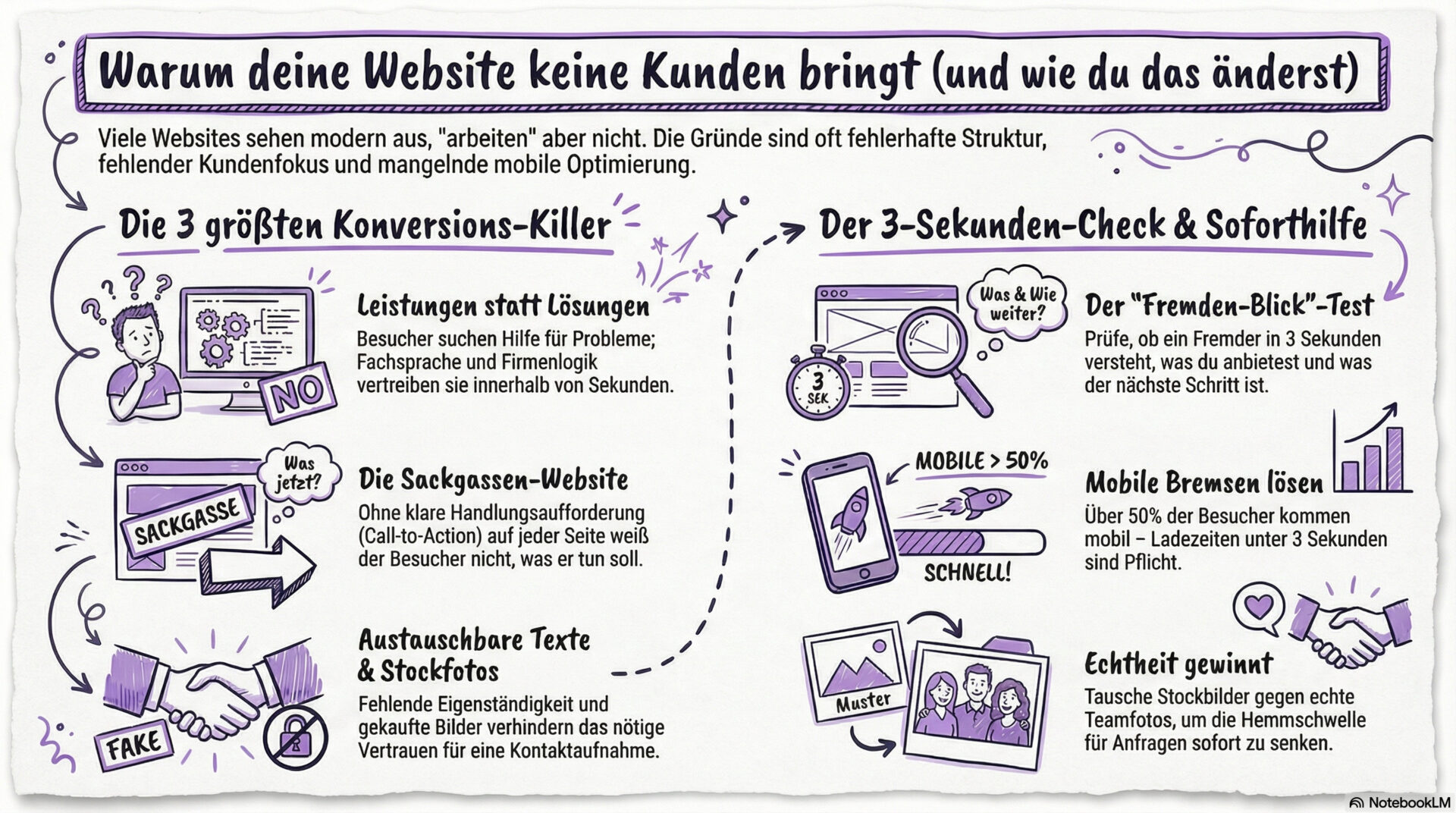 Infografik mit handgezeichneten Illustrationen: Links die drei größten Konversions-Killer bei Websites (Fachsprache statt Kundensicht, fehlende Handlungsaufforderung, austauschbare Texte und Stockfotos). Rechts der 3-Sekunden-Check mit Soforthilfe (Fremden-Blick-Test, mobile Ladezeiten prüfen, echte Teamfotos statt Stockbilder).