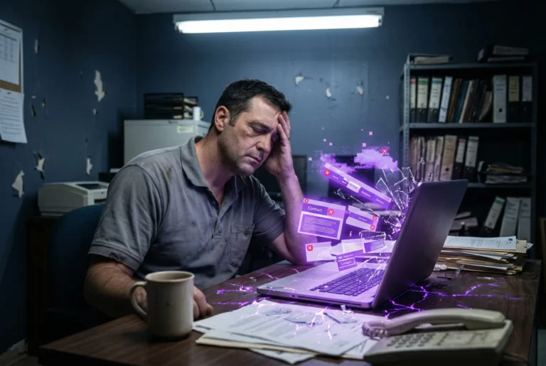 Ein Unternehmer sitzt im dunklen Büro vor einem Laptop, dessen Website in Fragmente zerfällt. Bildtext: Fünf Gründe, warum Websites keine Anfragen bringen.
