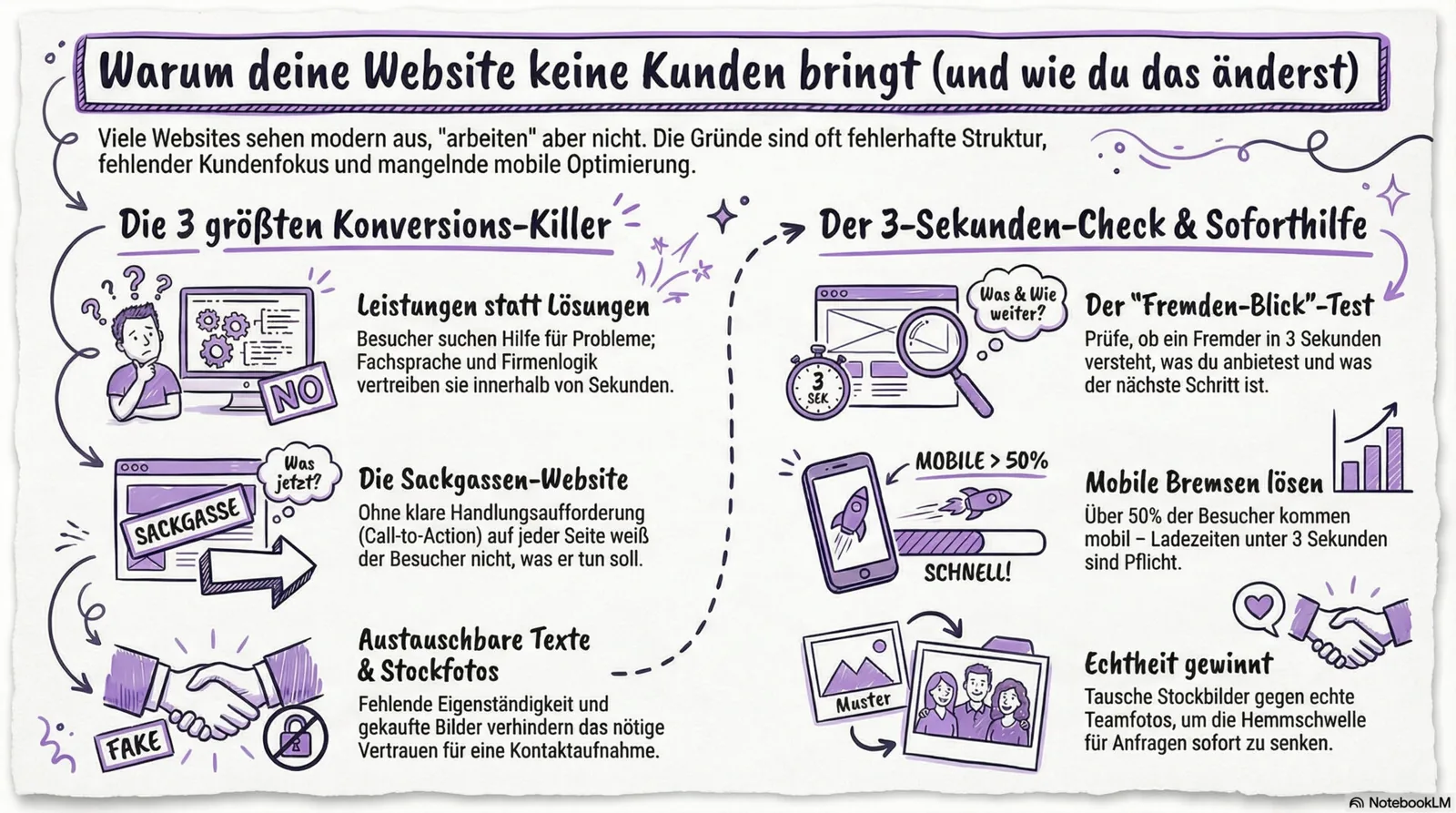 Infografik in zwei Spalten. Links die drei größten Konversions-Killer: Fachsprache statt Kundensicht, fehlende Handlungsaufforderung, austauschbare Texte und Stockfotos. Rechts der Drei-Sekunden-Check: Fremden-Blick-Test, mobile Ladezeit prüfen, echte Teamfotos statt Stockbilder.
