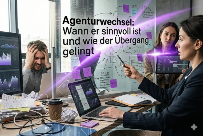 Ein Mann sitzt angespannt am Schreibtisch, während eine Kollegin am Whiteboard etwas erklärt. Bildtext: Agenturwechsel – wann er sinnvoll ist und wie der Übergang gelingt.