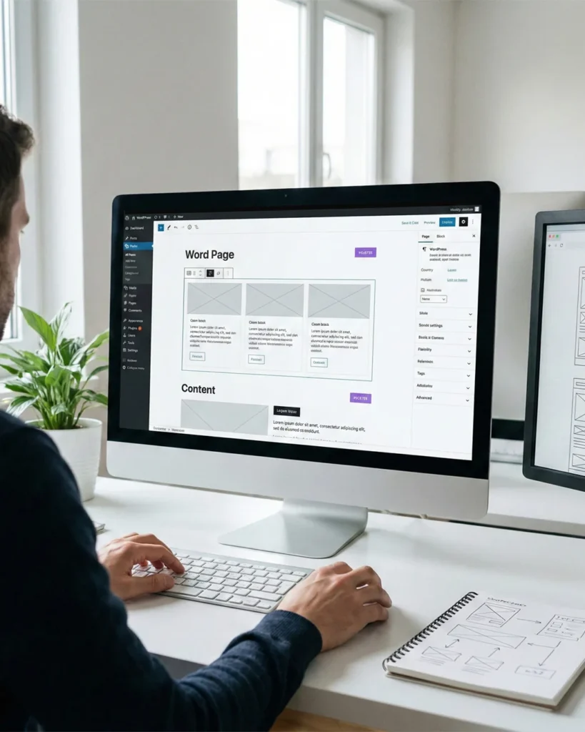Mann am Schreibtisch bearbeitet eine WordPress-Seite im Blockeditor, daneben ein Notizbuch mit Skizzen des Seitenaufbaus