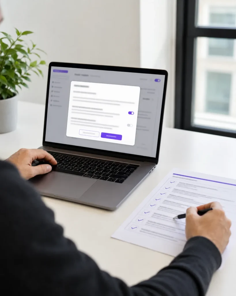 Person am Laptop mit geöffnetem Einwilligungsdialog, daneben eine abgehakte Prüfliste auf Papier