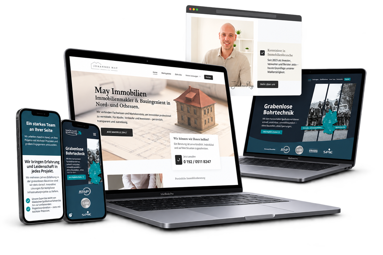 Freigestelltes Mockup mit zwei Laptops und zwei Smartphones, auf denen die Websites von Simon Kurz Bohrtechnik und Johannes May Immobilien dargestellt sind.