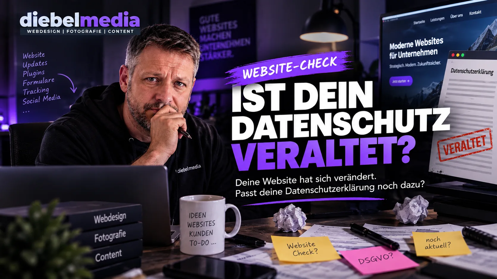 Ein Mann sitzt nachdenklich am Schreibtisch, neben ihm ein Monitor mit einer Datenschutzerklärung und dem Stempel „Veraltet“. Bildtext: Website-Check – Ist dein Datenschutz veraltet?