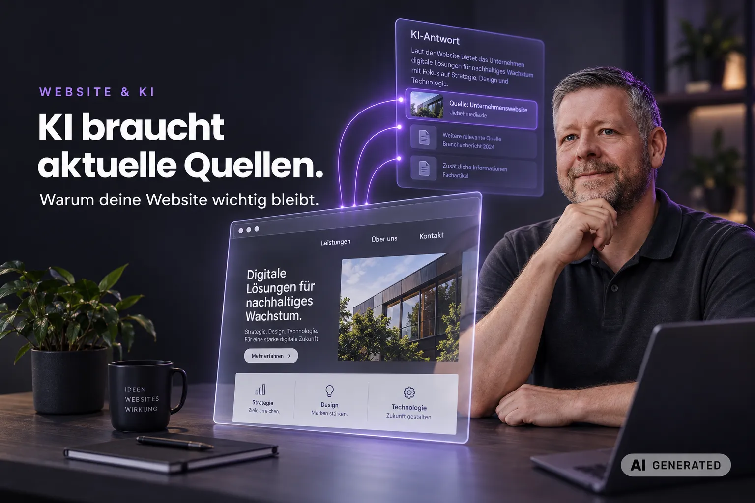 Ein Mann sitzt am Schreibtisch, vor ihm ein transparentes Browserfenster mit einer Unternehmenswebsite, darüber eine KI-Antwort mit Quellenangaben. Bildtext: KI braucht aktuelle Quellen – warum deine Website wichtig bleibt.