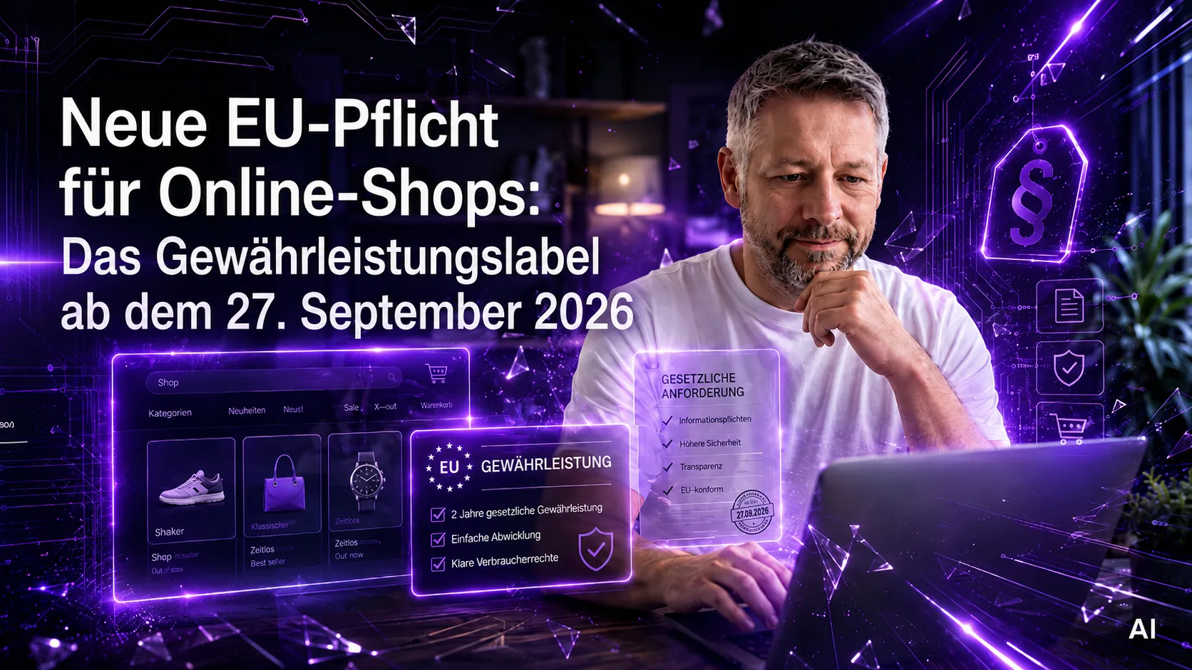 Ein Mann arbeitet konzentriert am Laptop, um ihn herum digitale Anzeigen zu Online-Shop, Gewährleistung und gesetzlichen Anforderungen. Bildtext: Neue EU-Pflicht für Online-Shops – Das Gewährleistungslabel ab dem 27. September 2026